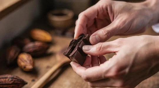 Mains d'un artisan chocolatier français cassant une tablette de chocolat grand cru dans un atelier lumineux