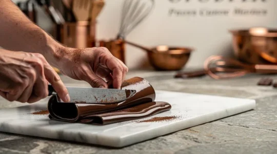 Chocolatier français façonnant un ruban de chocolat brillant tempéré sur un plan de travail en marbre dans un atelier de pâtisserie
