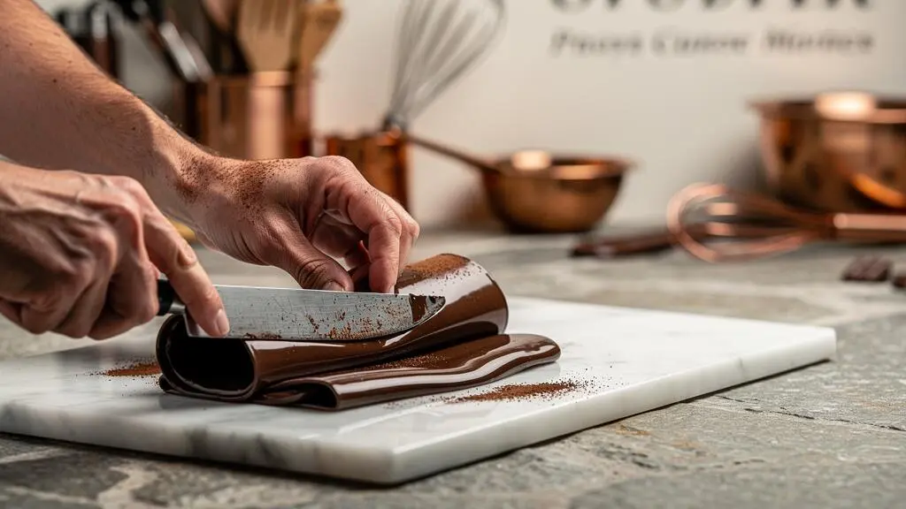 Chocolatier français façonnant un ruban de chocolat brillant tempéré sur un plan de travail en marbre dans un atelier de pâtisserie