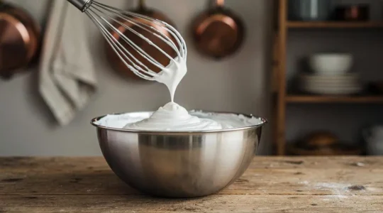 Blancs d'œufs montés en neige ferme et brillante dans un cul-de-poule en inox, fouet soulevant une pointe lisse