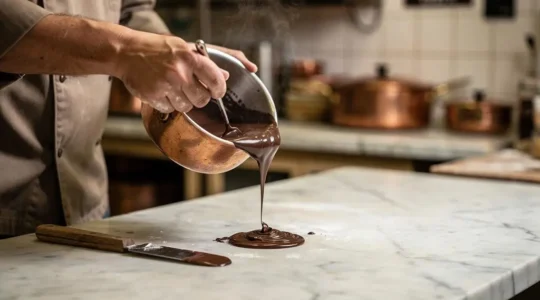 Gros plan artistique sur du chocolat noir fondu et brillant coulant depuis une casserole en cuivre dans une cuisine de pâtisserie française