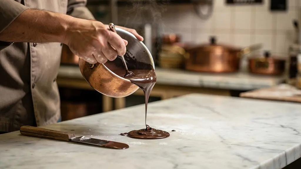 Gros plan artistique sur du chocolat noir fondu et brillant coulant depuis une casserole en cuivre dans une cuisine de pâtisserie française