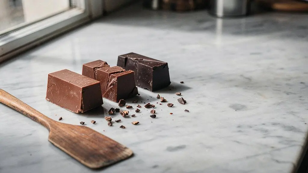 Trois carres de chocolat noir de nuances differentes disposes sur un plan de travail en marbre dans une ambiance de patisserie francaise