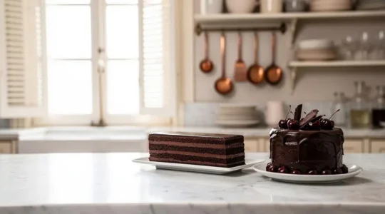 Table de pâtisserie en bois clair présentant un Opéra et une Forêt-Noire au chocolat dans une cuisine française baignée de lumière naturelle