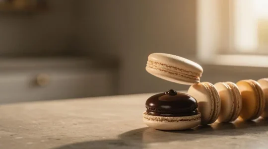 Macarons français artisanaux garnis d'une ganache chocolat lisse, présentés dans une ambiance de pâtisserie raffinée