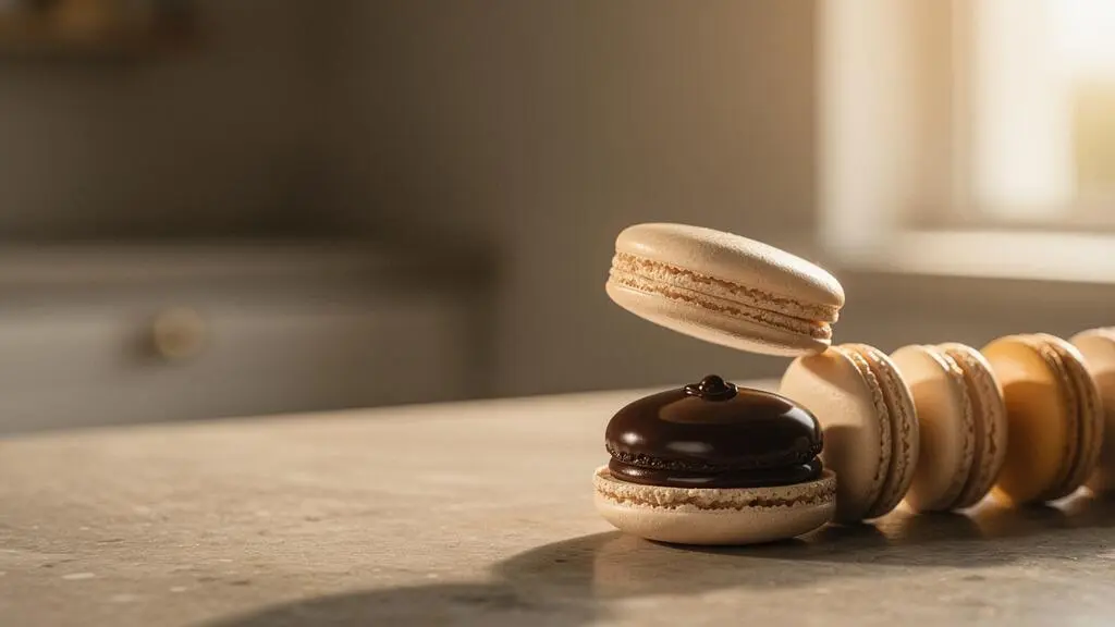 Macarons français artisanaux garnis d'une ganache chocolat lisse, présentés dans une ambiance de pâtisserie raffinée