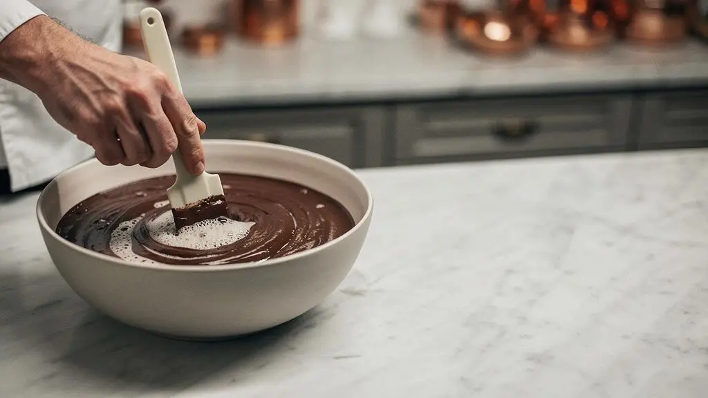 Geste précis d'un pâtissier français incorporant délicatement du chocolat fondu dans une mousse aérienne avec une maryse, dans une cuisine de pâtisserie artisanale.