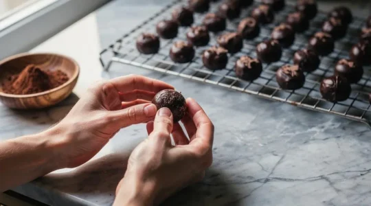 Mains de pâtissier français façonnant délicatement une truffe au chocolat en bille ronde et régulière sur un plan de travail en marbre