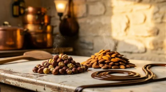 Noisettes et amandes torréfiées disposées sur un plan de travail en marbre dans un atelier de chocolatier français