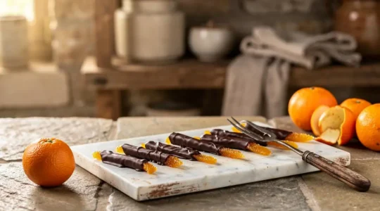 Orangettes confites artisanales nappées de chocolat noir, présentées à la française sur un plan de travail en marbre