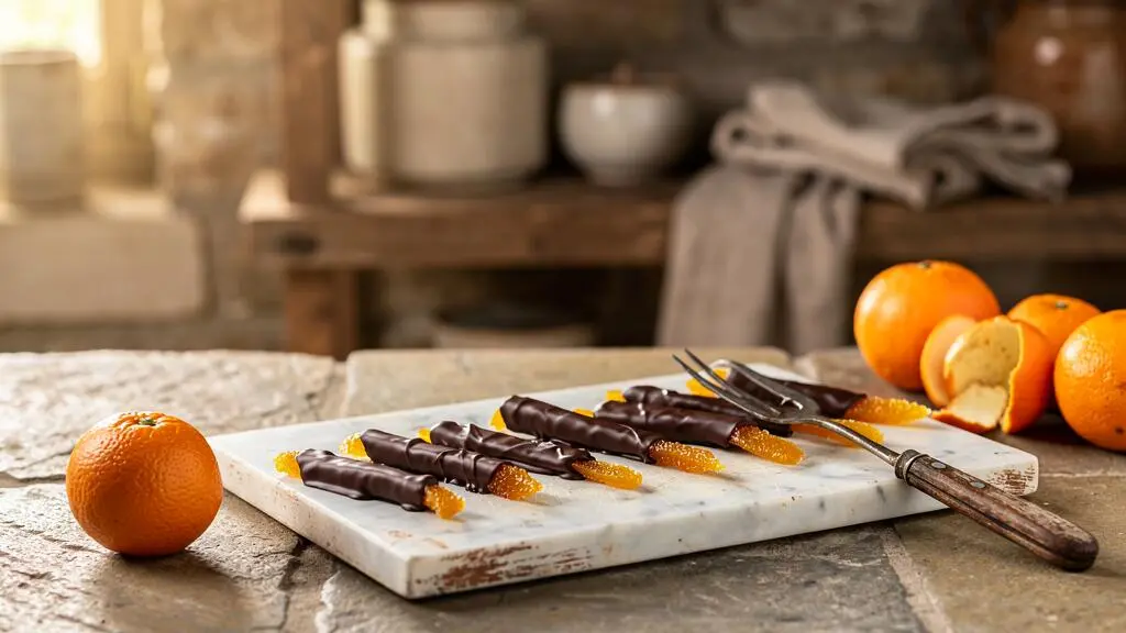 Orangettes confites artisanales nappées de chocolat noir, présentées à la française sur un plan de travail en marbre