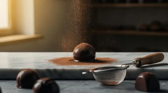 Truffes au chocolat noir saupoudrées de cacao velouté sur un plan de travail en marbre, dans une ambiance de pâtisserie française