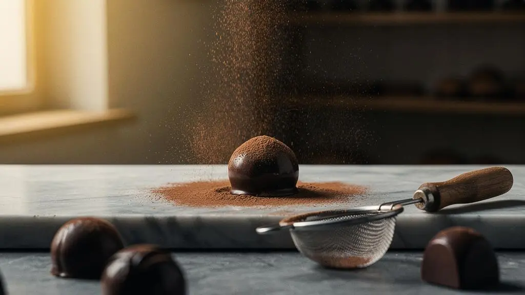 Truffes au chocolat noir saupoudrées de cacao velouté sur un plan de travail en marbre, dans une ambiance de pâtisserie française