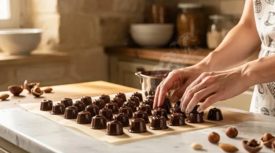 Pralinés maison brillants et croustillants disposés sur un plan de travail en marbre dans une cuisine française