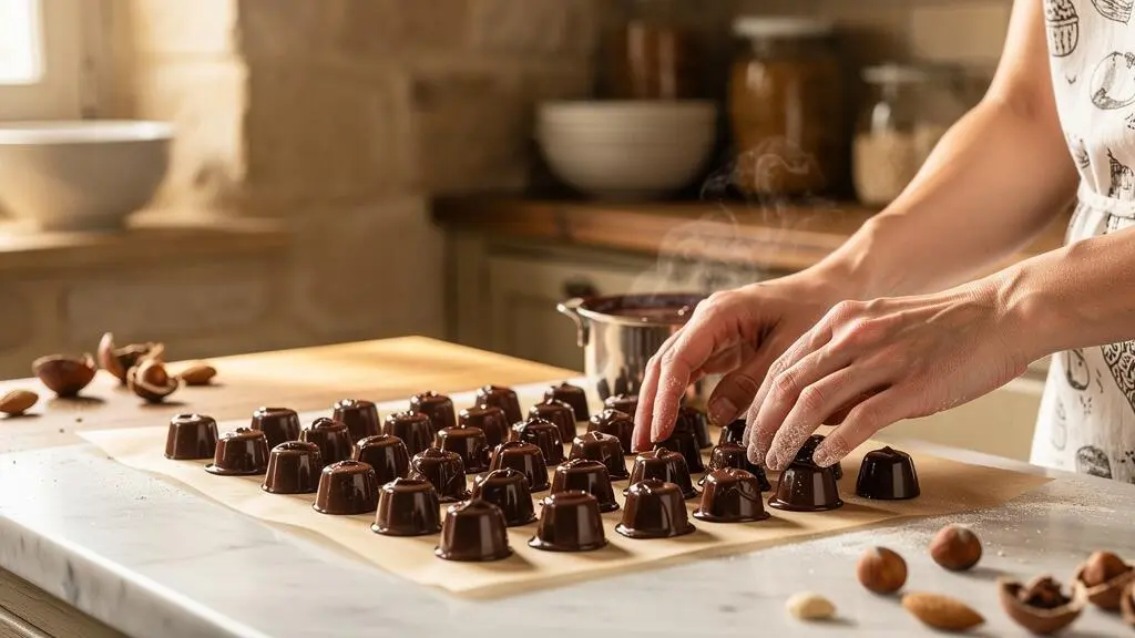 Pralinés maison brillants et croustillants disposés sur un plan de travail en marbre dans une cuisine française