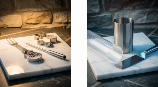 Composition editoriale opposant les outils de precision pour bonbons de chocolat aux outils de structure pour entremets, dans un atelier de patisserie francais