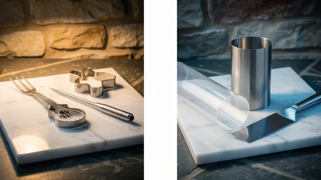 Composition editoriale opposant les outils de precision pour bonbons de chocolat aux outils de structure pour entremets, dans un atelier de patisserie francais