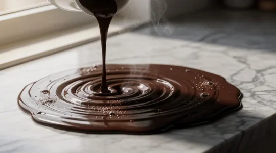 Filet de café chaud fusionnant avec du chocolat noir fondu sur un plan de travail en marbre à la française