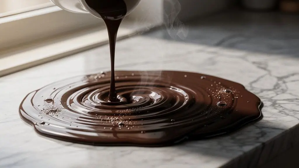 Filet de café chaud fusionnant avec du chocolat noir fondu sur un plan de travail en marbre à la française