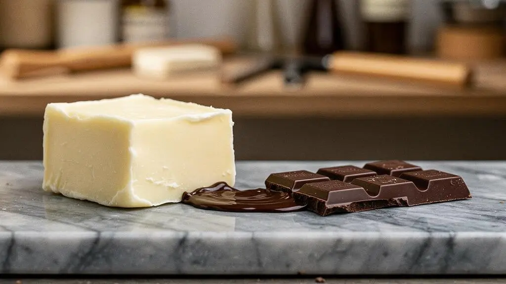 Bloc de beurre de cacao brut à côté de carrés de chocolat noir brillant illustrant le lien entre matière grasse et texture fondante