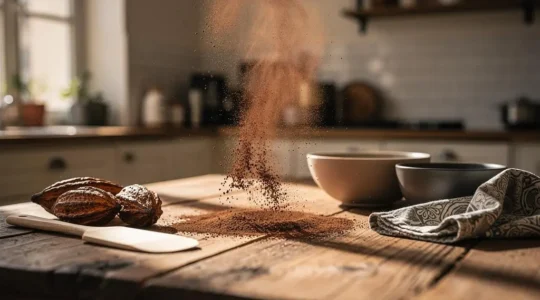 Poudre de cacao amer versée en cascade sur un plan de travail en bois dans une cuisine française baignée de lumière naturelle