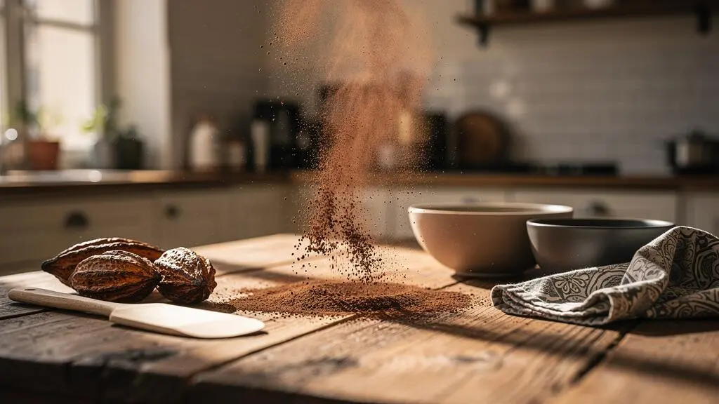 Poudre de cacao amer versée en cascade sur un plan de travail en bois dans une cuisine française baignée de lumière naturelle