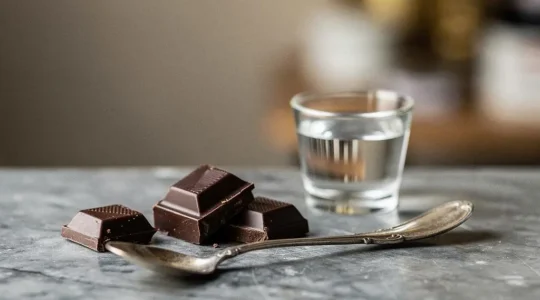 Carrés de chocolat noir intense disposés sur une table en marbre dans une ambiance de dégustation raffinée à la française