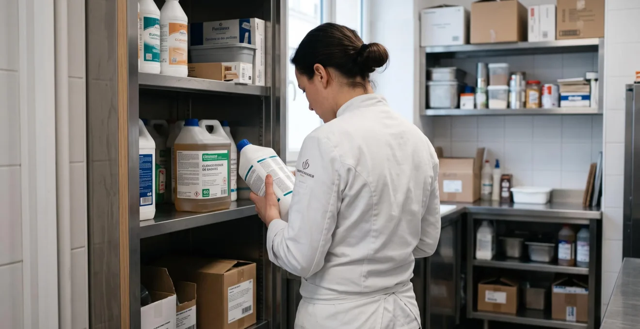 Chef pâtissier en veste blanche de dos consultant l'étiquette d'un bidon de produit professionnel dans une réserve propre et organisée