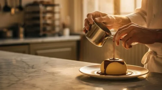 Ruban de chocolat au lait coulant avec reflets dorés dans un cadre de pâtisserie fine française