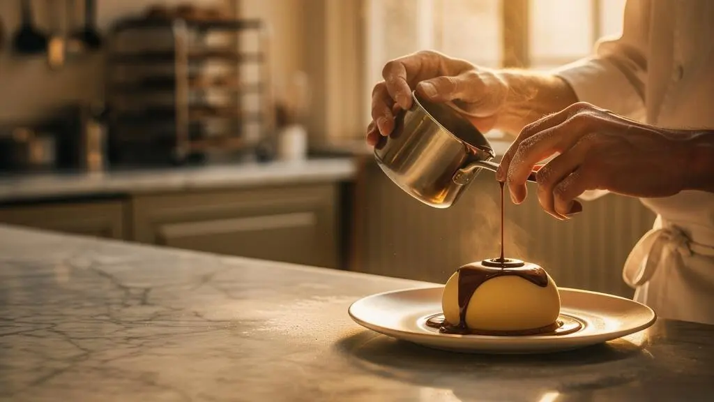 Ruban de chocolat au lait coulant avec reflets dorés dans un cadre de pâtisserie fine française