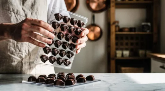 Mains d'un chocolatier français démoulant des bonbons en chocolat brillants d'un moule en polycarbonate dans un atelier parisien