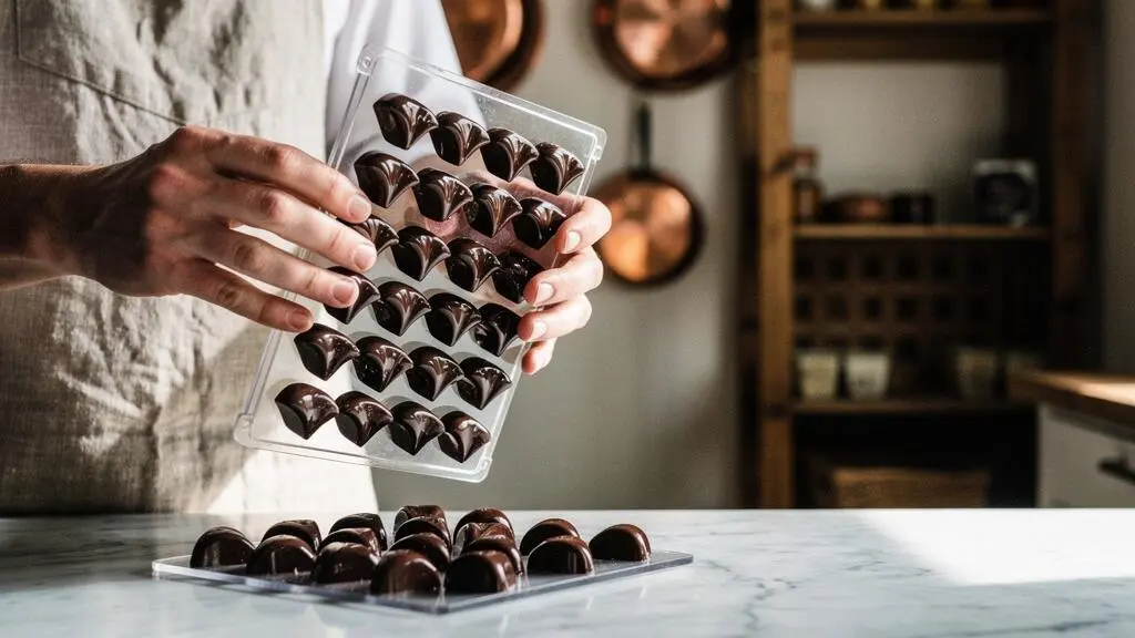 Mains d'un chocolatier français démoulant des bonbons en chocolat brillants d'un moule en polycarbonate dans un atelier parisien