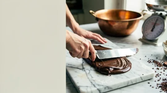 Mains d'un pâtissier amateur tempérant du chocolat noir sur un plan de travail en marbre dans une cuisine française baignée de lumière naturelle