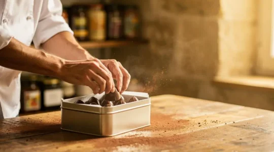 Chocolatier français rangeant avec précaution des bonbons de chocolat dans une boîte hermétique, dans un atelier parisien