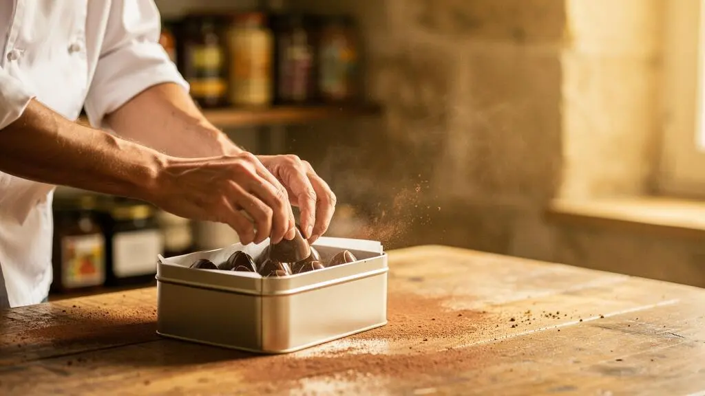 Chocolatier français rangeant avec précaution des bonbons de chocolat dans une boîte hermétique, dans un atelier parisien