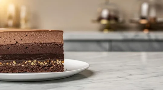Coupe transversale d'un entremet au chocolat révélant cinq couches de textures distinctes, dans un style pâtisserie française raffinée