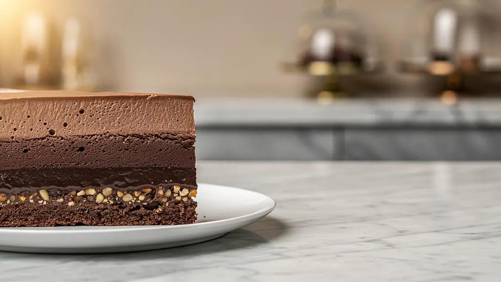 Coupe transversale d'un entremet au chocolat révélant cinq couches de textures distinctes, dans un style pâtisserie française raffinée