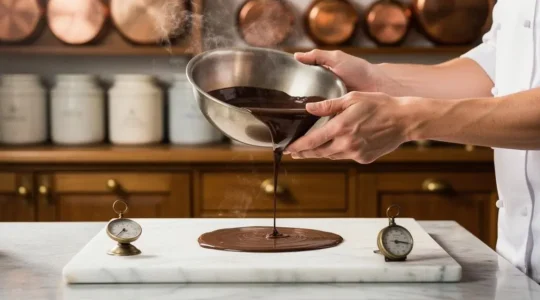 Mains d'un artisan pâtissier français versant du chocolat fondu sur un plan de travail en marbre, dans une cuisine lumineuse au style parisien, illustrant les paliers de température du tempérage