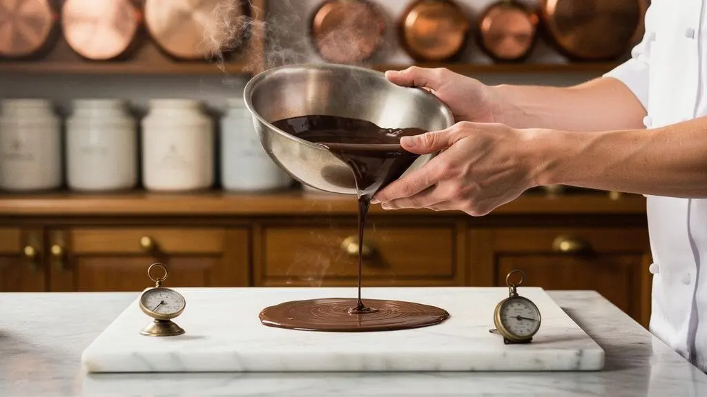 Mains d'un artisan pâtissier français versant du chocolat fondu sur un plan de travail en marbre, dans une cuisine lumineuse au style parisien, illustrant les paliers de température du tempérage