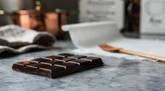 Tablette de chocolat noir brillante et craquante posée sur un plan de travail en marbre, illustrant la cristallisation parfaite en forme V