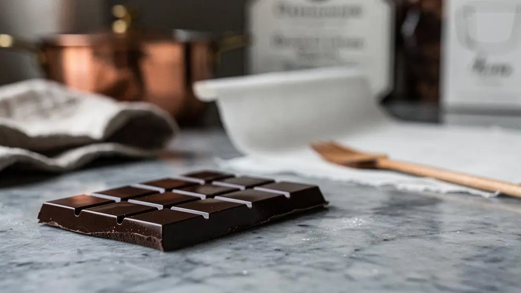 Tablette de chocolat noir brillante et craquante posée sur un plan de travail en marbre, illustrant la cristallisation parfaite en forme V