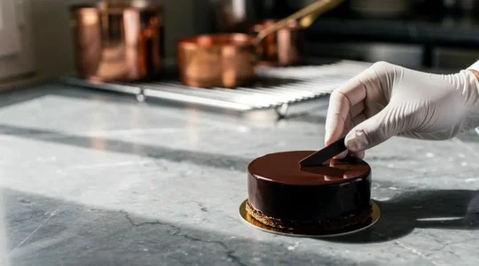 Entremet au chocolat glacé posé sur un plan de travail en marbre dans un atelier de pâtisserie parisien, lumière naturelle et détail de finition soigné