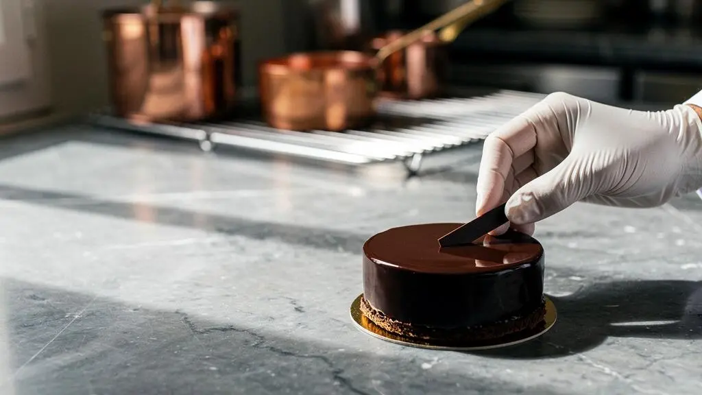 Entremet au chocolat glacé posé sur un plan de travail en marbre dans un atelier de pâtisserie parisien, lumière naturelle et détail de finition soigné