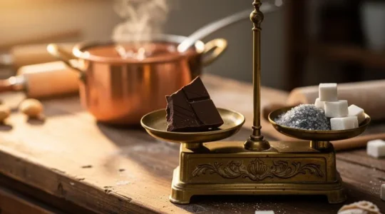 Composition artistique illustrant l'équilibre entre le sucré, l'amer et le salé dans un dessert au chocolat français
