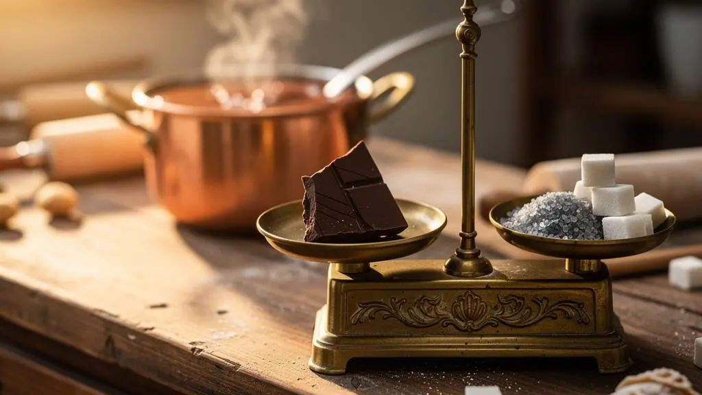 Composition artistique illustrant l'équilibre entre le sucré, l'amer et le salé dans un dessert au chocolat français