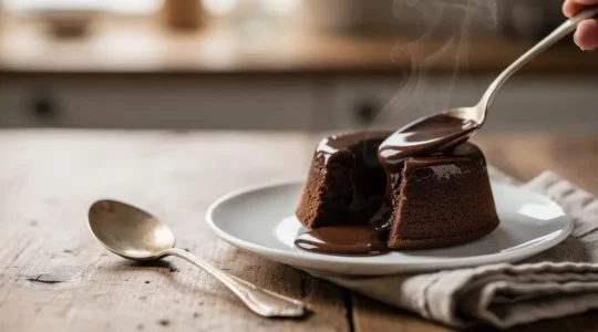 Fondant au chocolat coupé à la cuillère laissant s'échapper un cœur coulant, sur une table de style bistrot français