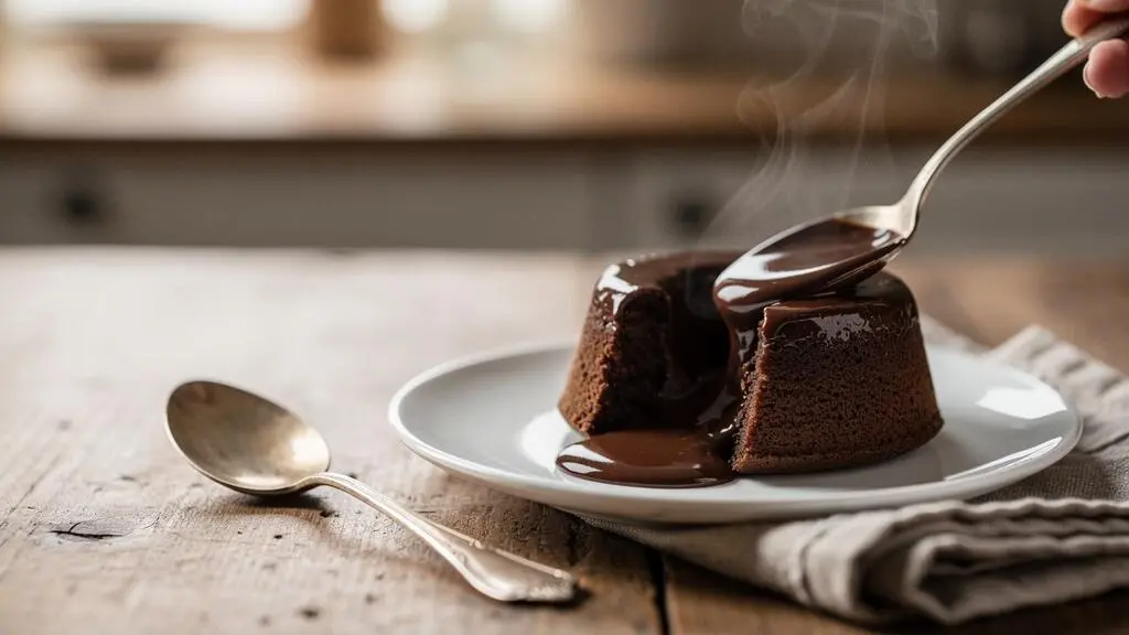 Fondant au chocolat coupé à la cuillère laissant s'échapper un cœur coulant, sur une table de style bistrot français