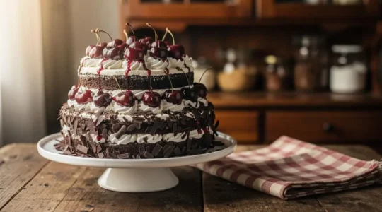 Gâteau Forêt-Noire fait maison présenté sur une table en bois rustique, avec cerises fraîches et copeaux de chocolat noir