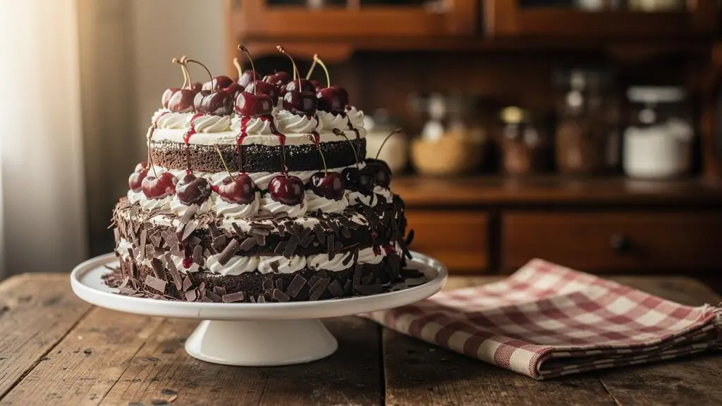 Gâteau Forêt-Noire fait maison présenté sur une table en bois rustique, avec cerises fraîches et copeaux de chocolat noir