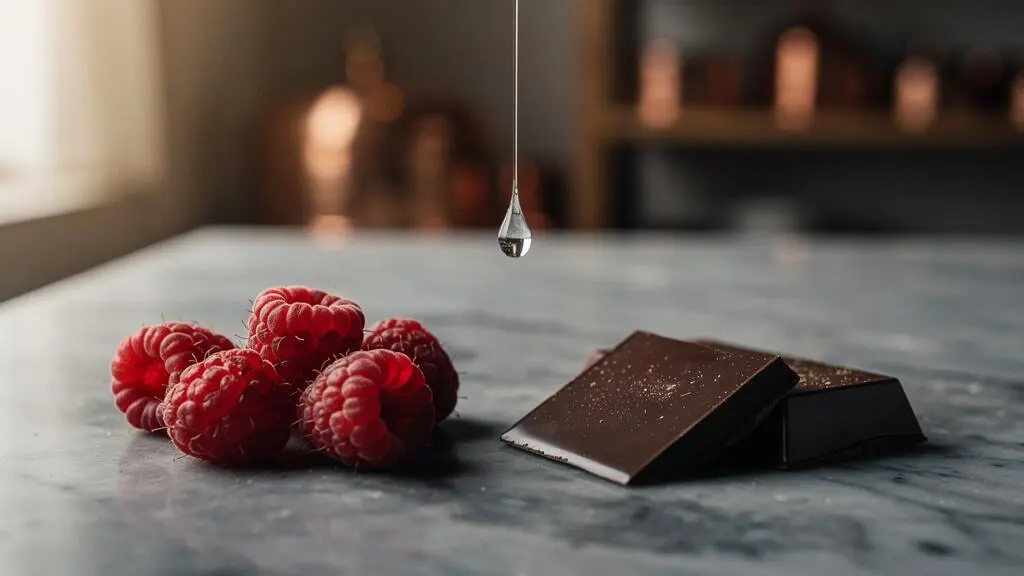 Framboises fraîches disposées à côté d'un éclat de chocolat noir tempéré sur un plan de travail en marbre dans un atelier de pâtisserie français